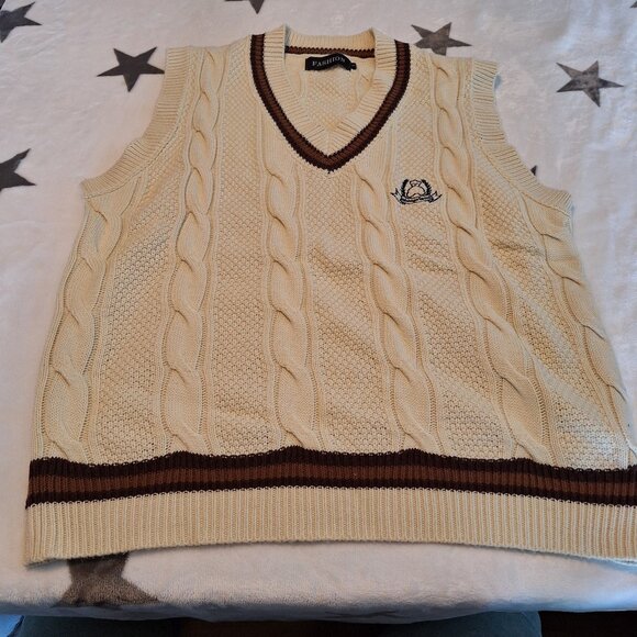 Other - Sweater Vest Cream & Brown Teddy Bear Unisex Size L Preppy Cozy Fall
